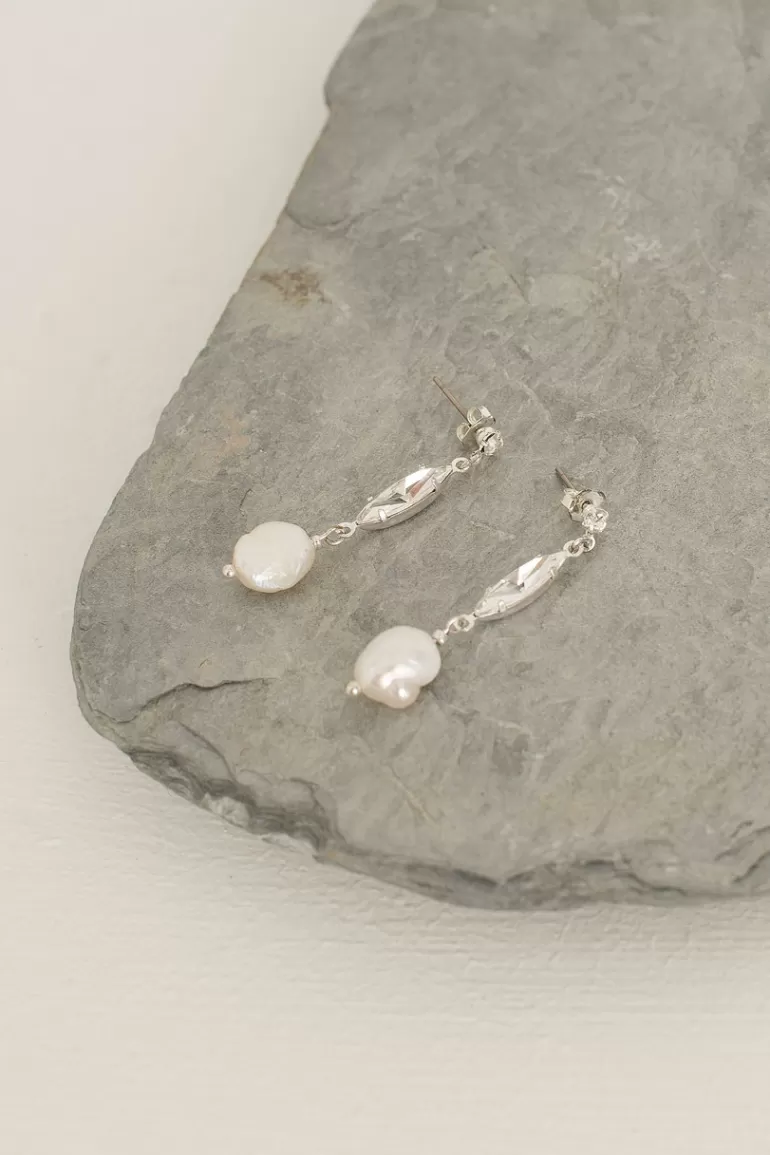 Women Olive Clothing Summer Pearl Drop Earrings, Silver Plated