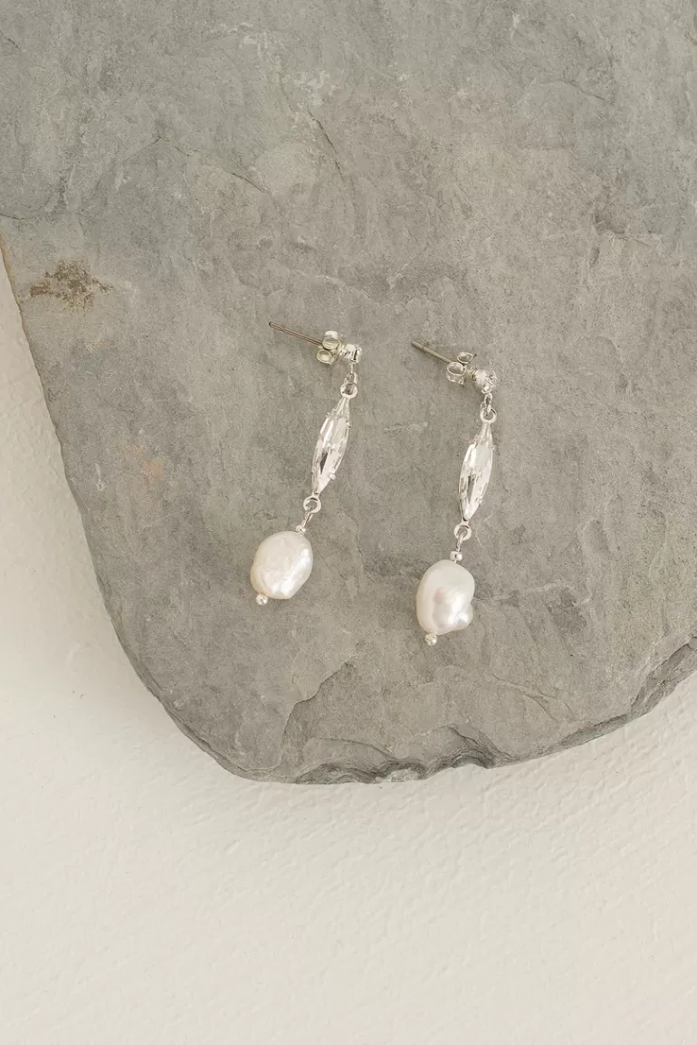 Women Olive Clothing Summer Pearl Drop Earrings, Silver Plated