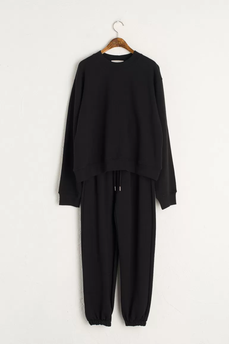 Women Olive Clothing Sweatshirt & Jogger Set, Black