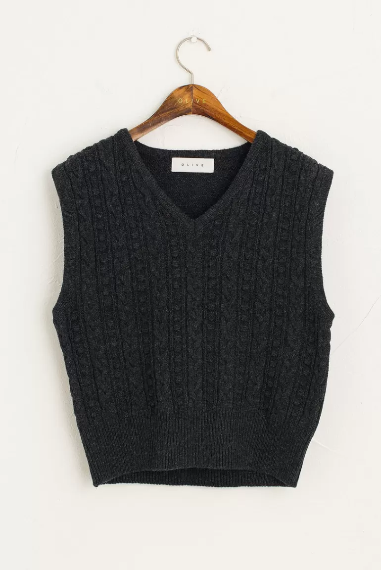 Women Olive Clothing Tama Cable Vest, Charcoal