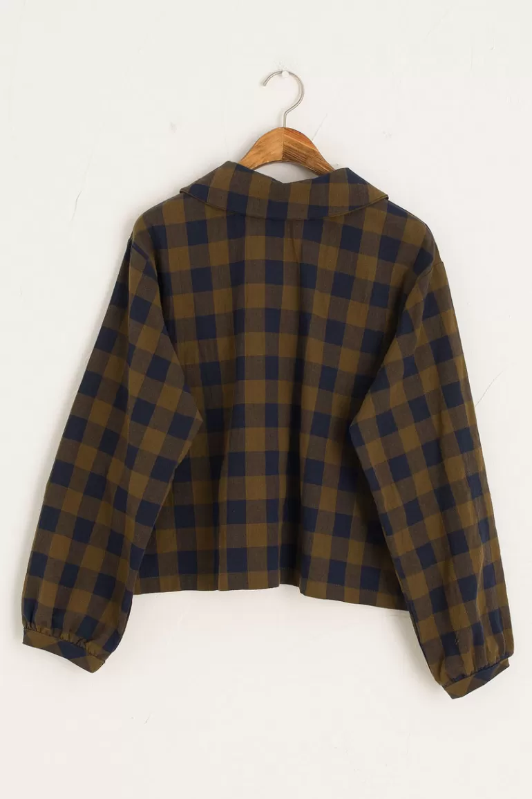 Women Olive Clothing Tamiko Check Blouse, Khaki