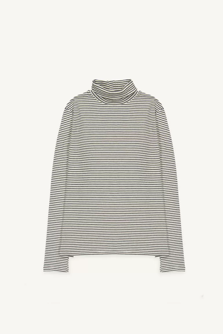 Women Olive Clothing Thin Stripe Roll Neck Tee, White/Black