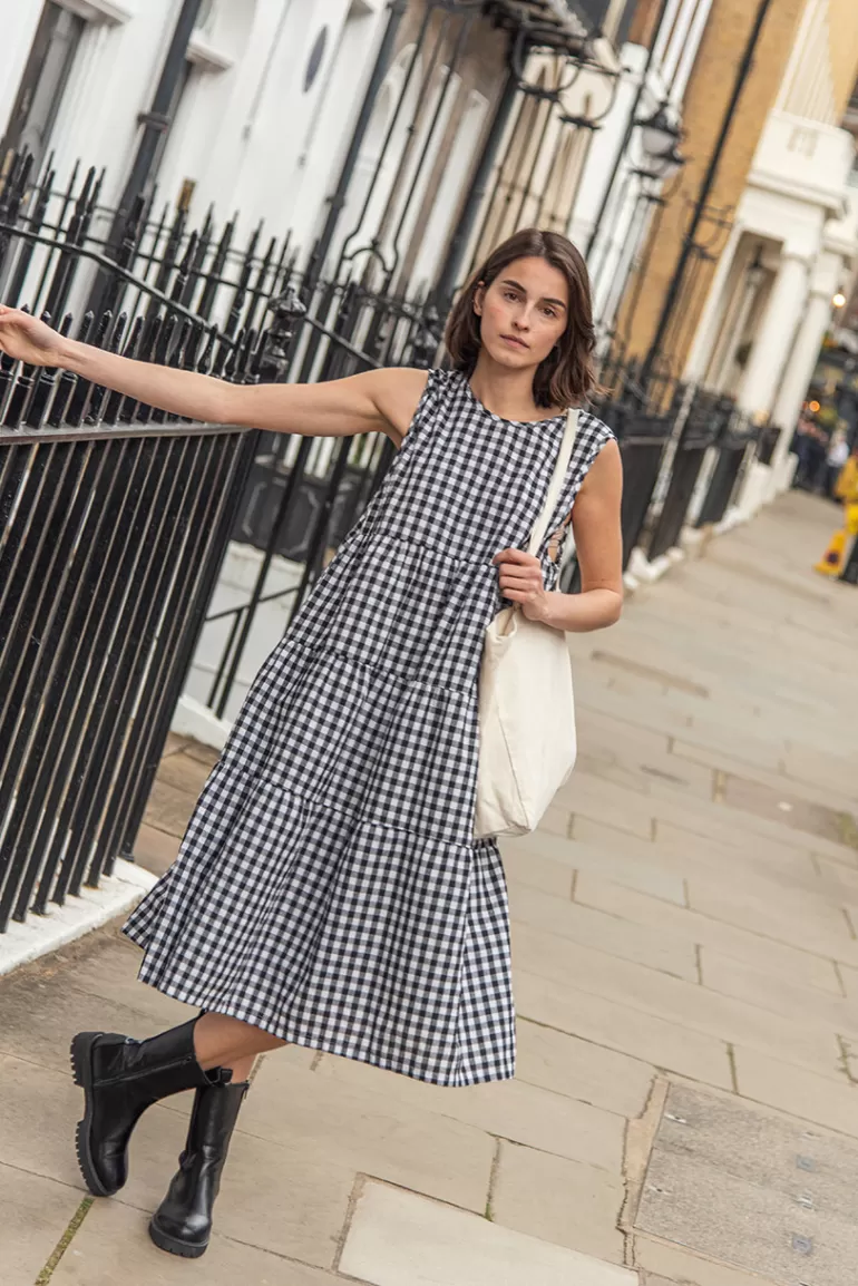 Women Olive Clothing Tiered Gingham Check Dress, Black