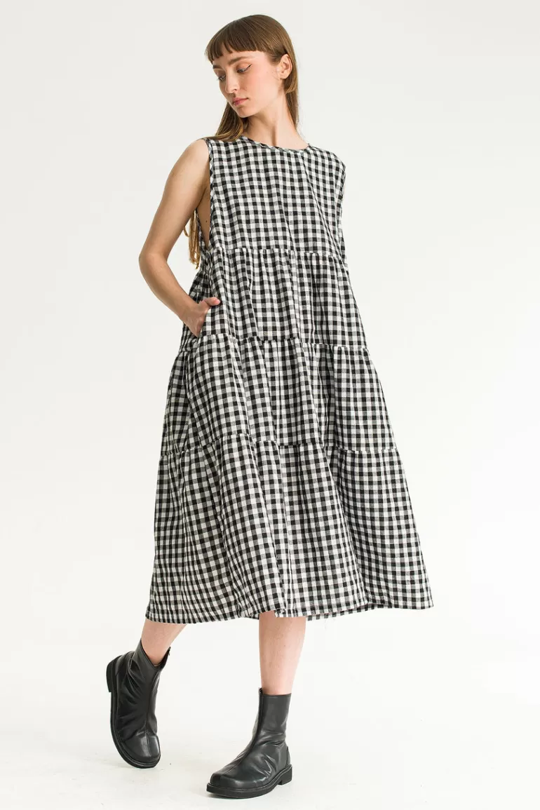 Women Olive Clothing Tiered Gingham Check Dress, Black