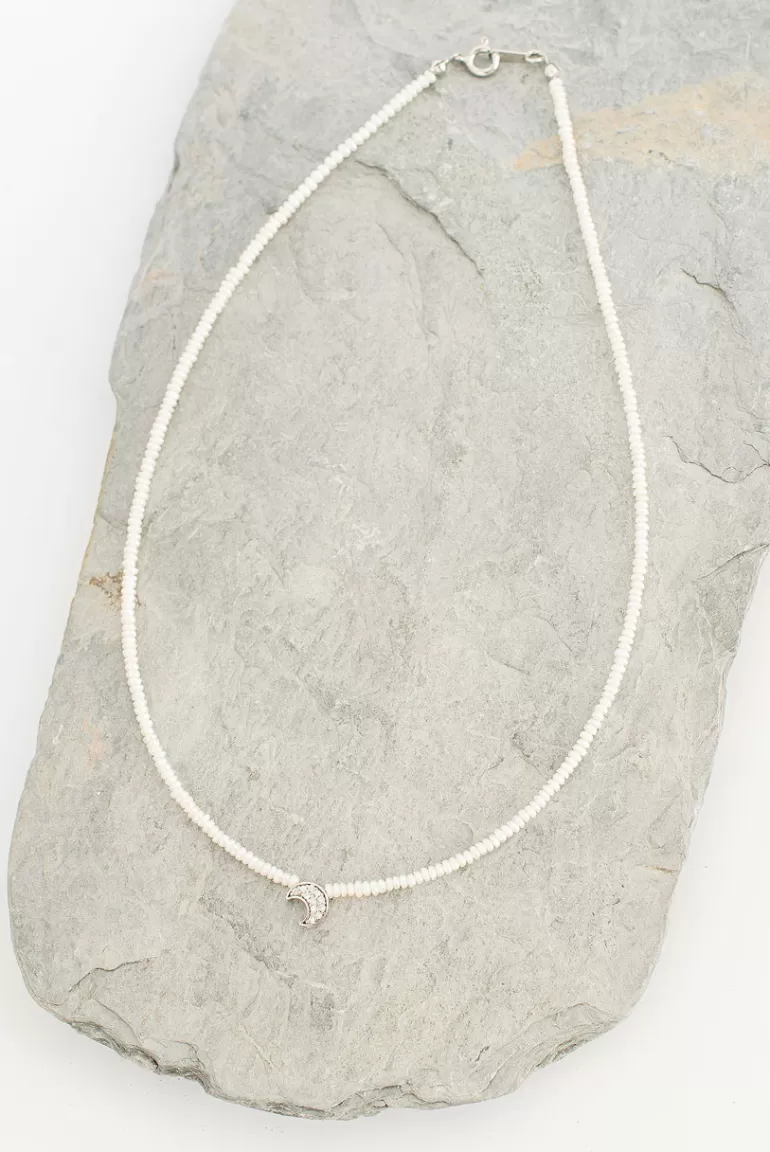Women Olive Clothing Tiny Pearl Chocker, Moon Pendant