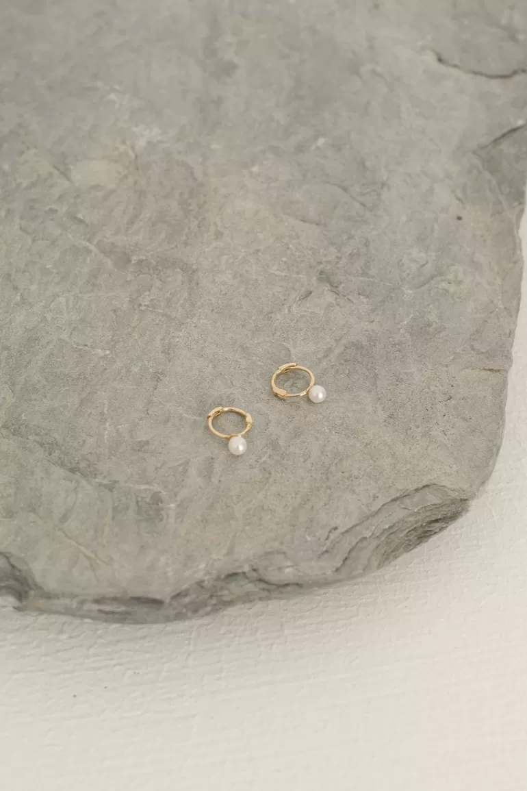 Women Olive Clothing Tiny Pearl Hoop Earrings, 14K Gold