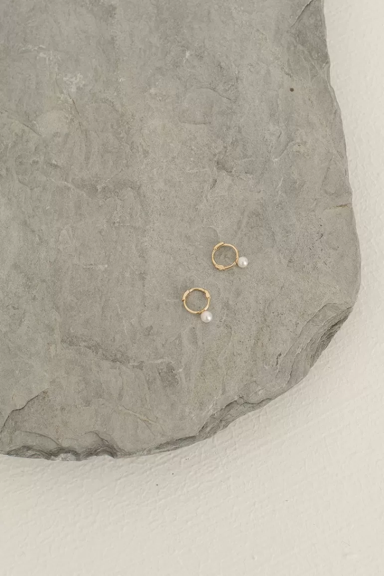 Women Olive Clothing Tiny Pearl Hoop Earrings, 14K Gold