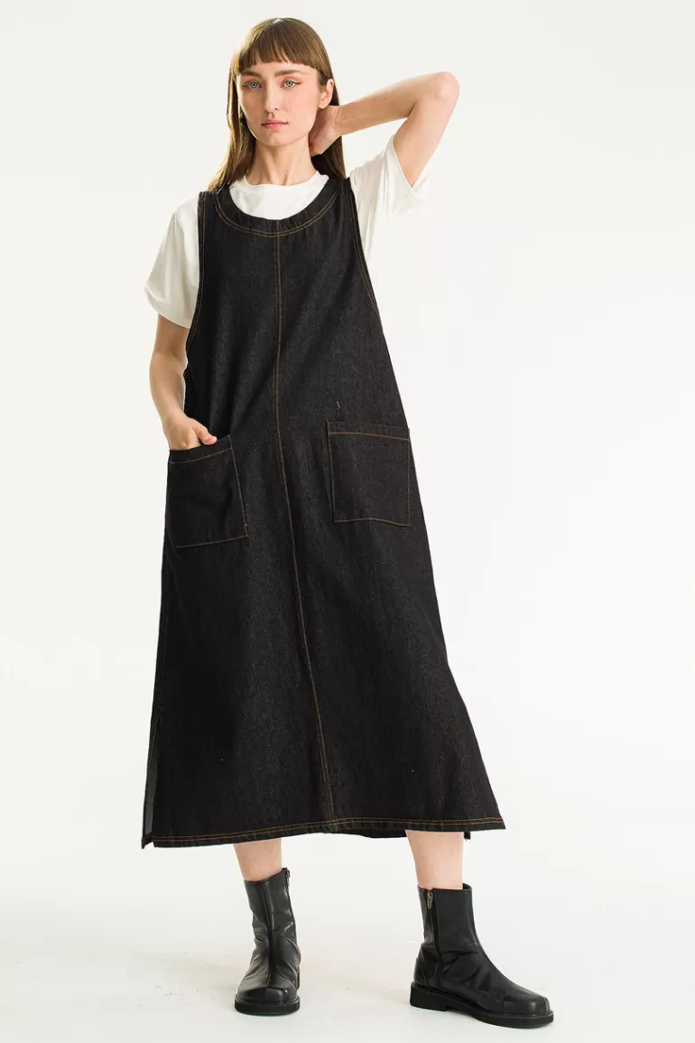 Women Olive Clothing Tomo Denim Apron Dress, Black