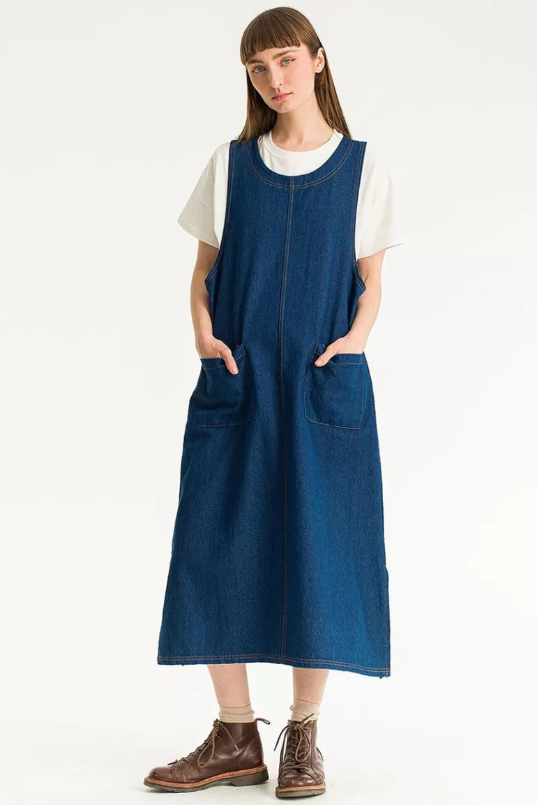 Women Olive Clothing Tomo Denim Apron Dress, Mid Blue