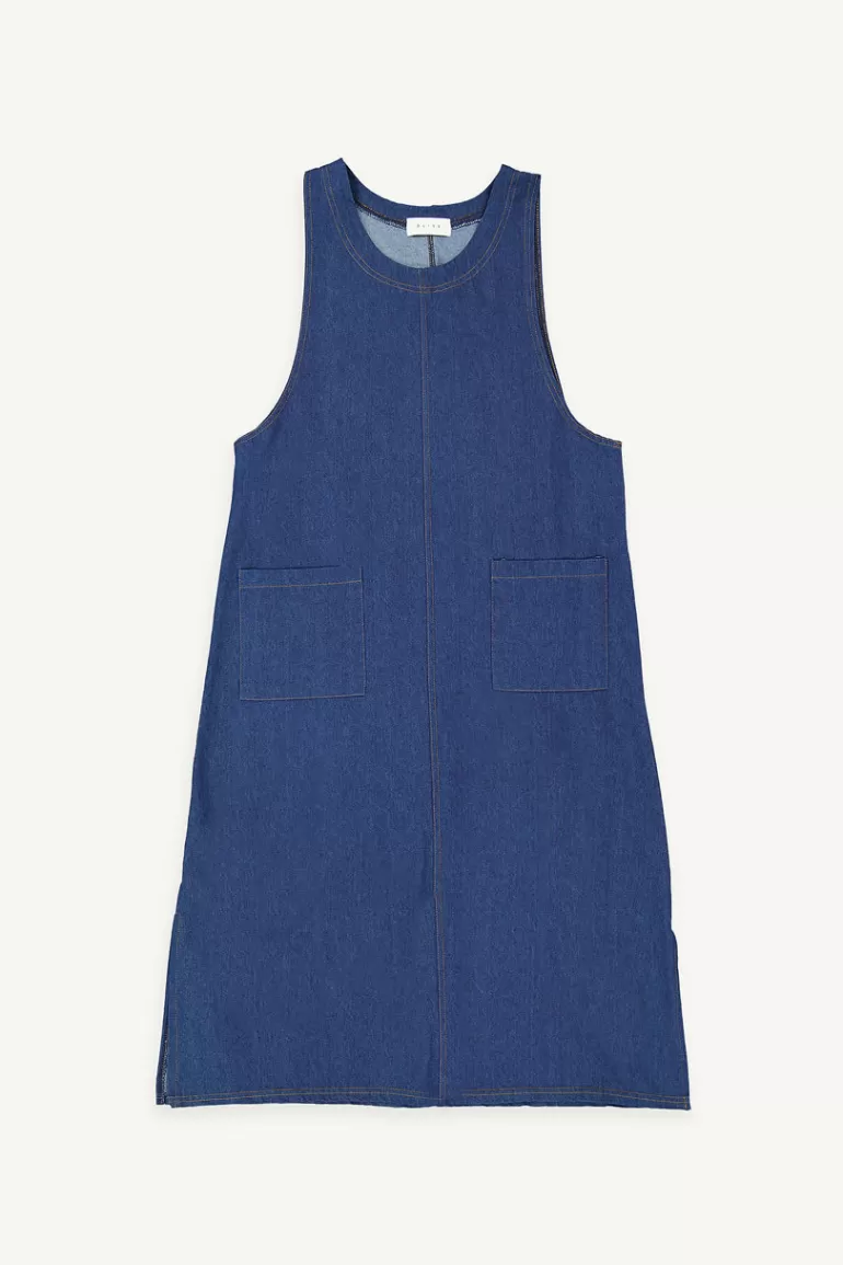 Women Olive Clothing Tomo Denim Apron Dress, Mid Blue