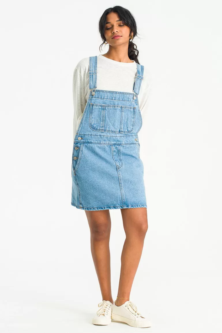 Women Olive Clothing Tomo Mini Denim Apron Dress, Mid Blue