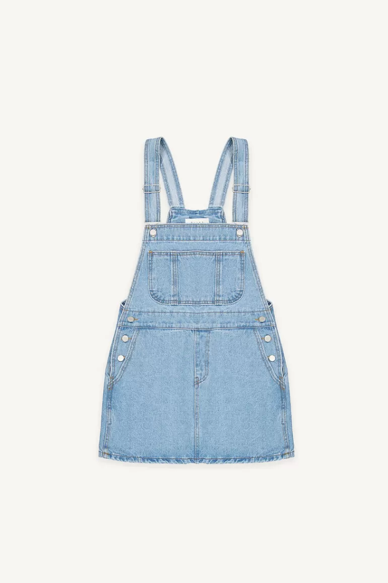 Women Olive Clothing Tomo Mini Denim Apron Dress, Mid Blue