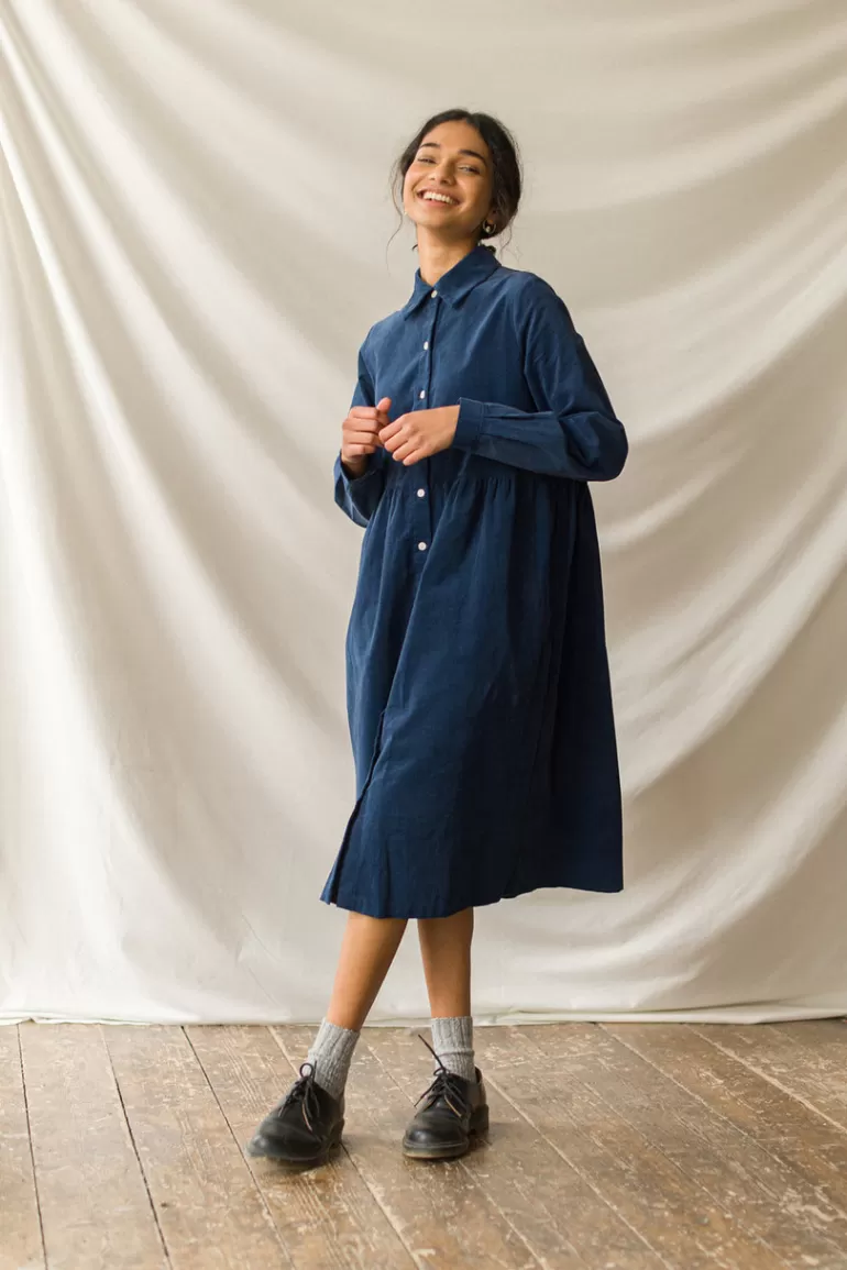 Women Olive Clothing Tomoko Cord Shirt Dress, Navy