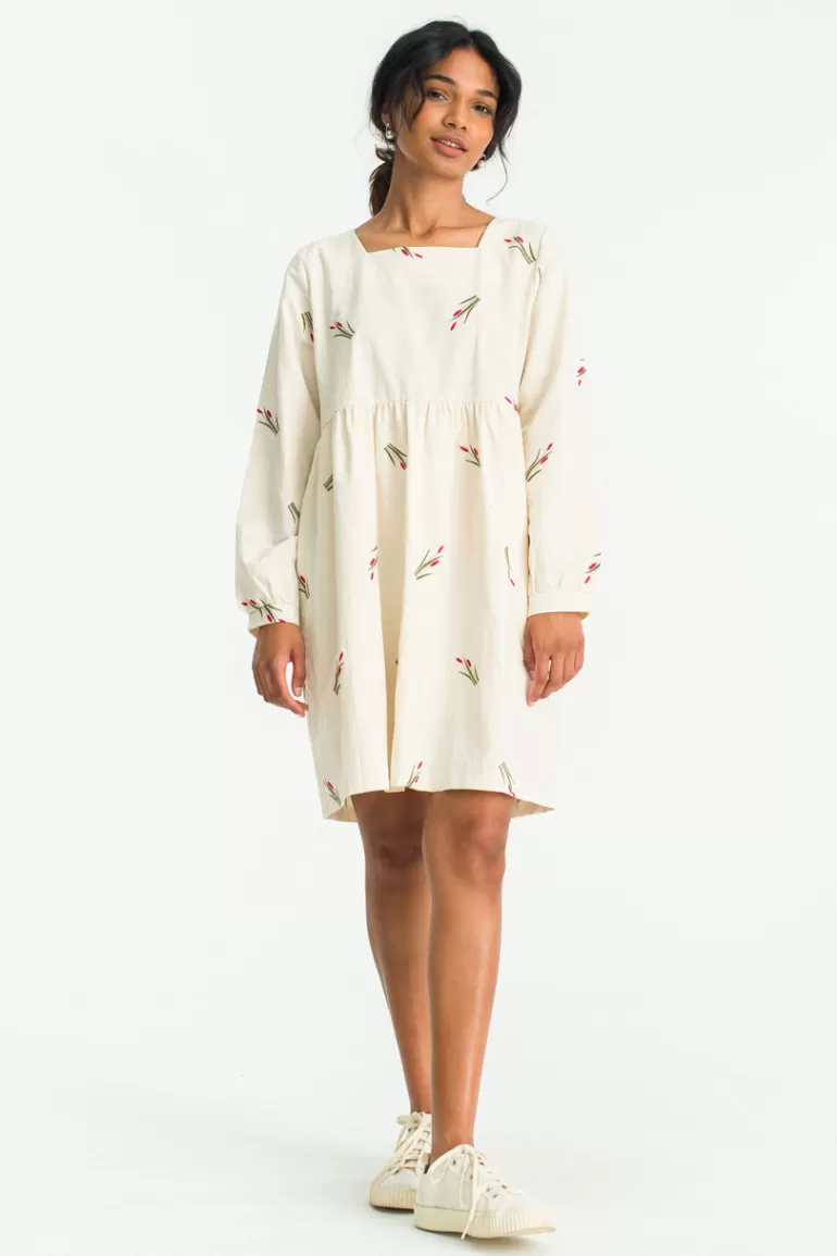 Women Olive Clothing Tulip Embroidered Dress, Ivory