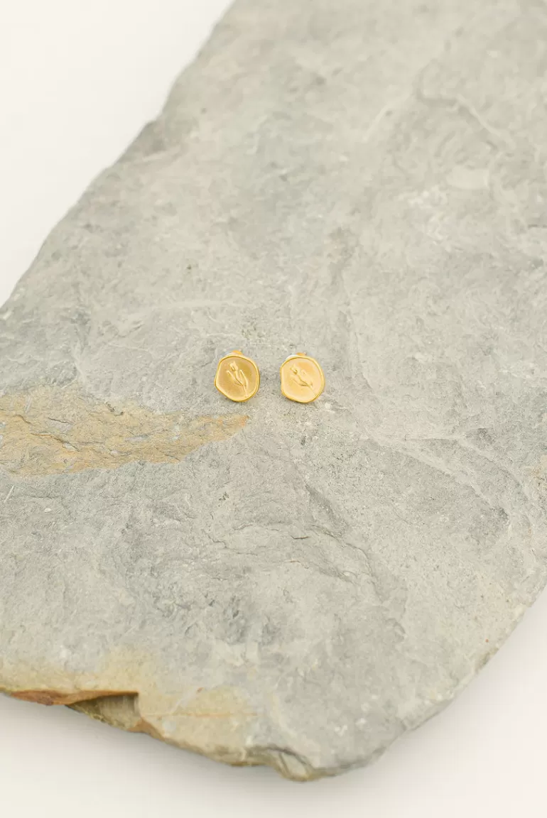 Women Olive Clothing Tulip Signet Studs, Gold Plated