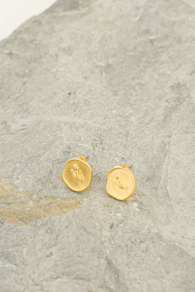 Women Olive Clothing Tulip Signet Studs, Gold Plated