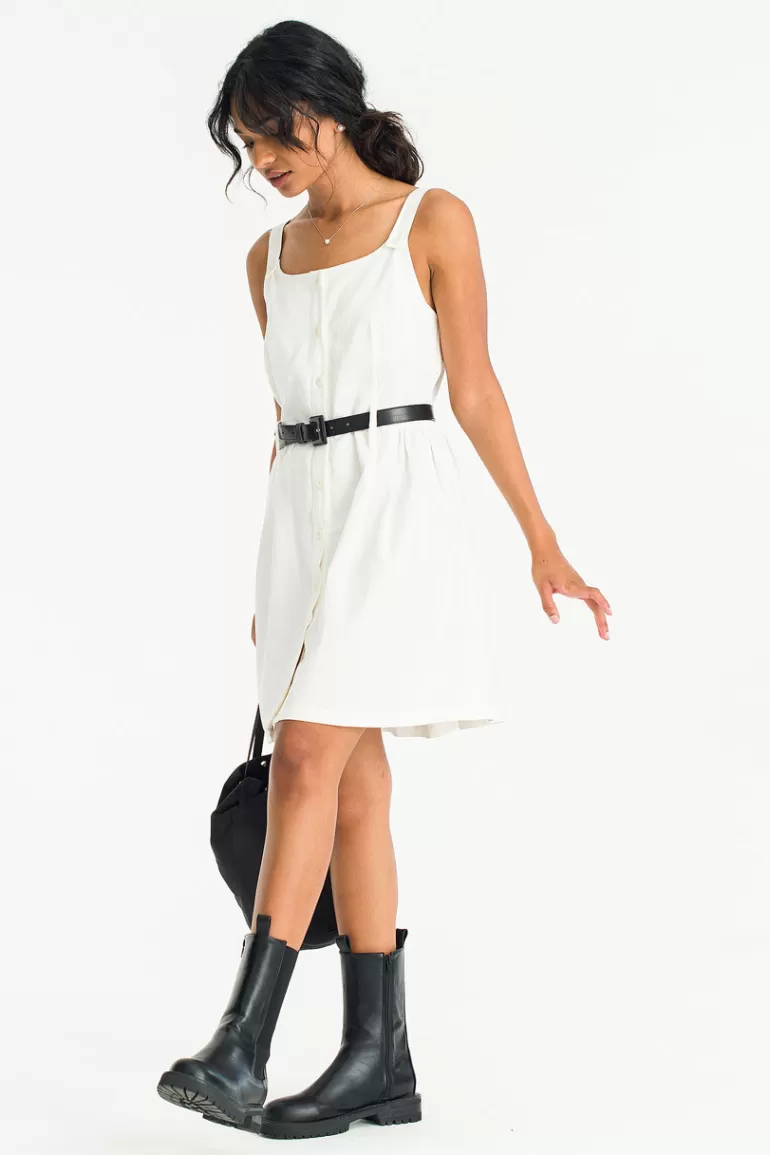Women Olive Clothing Twill Mini Apron Dress, White