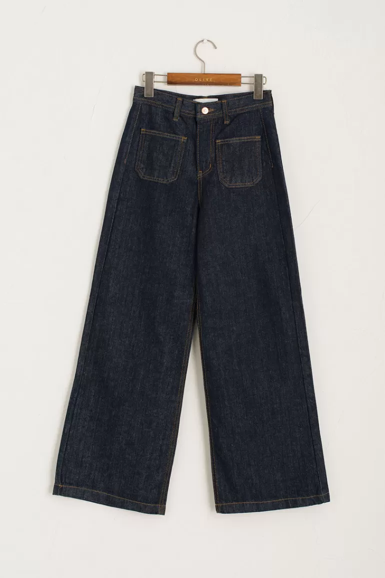Women Olive Clothing Twin Pocket Wide Jean, Indigo