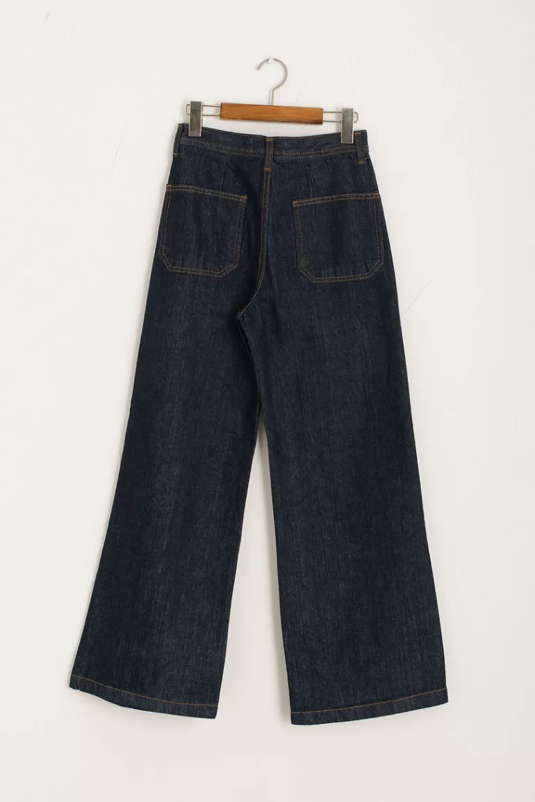 Women Olive Clothing Twin Pocket Wide Jean, Indigo