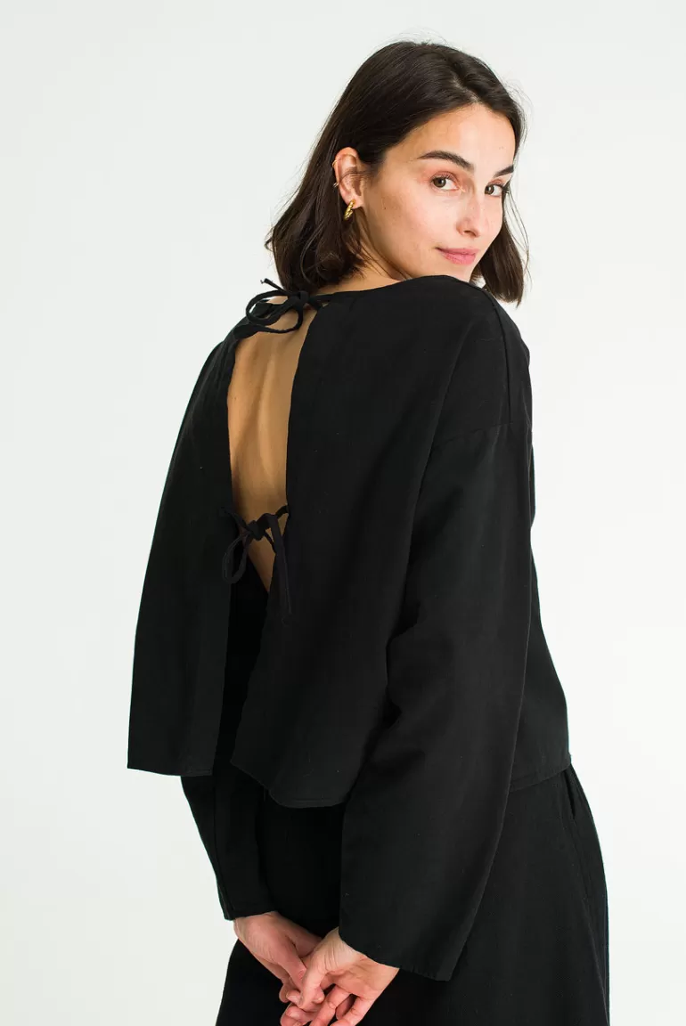 Women Olive Clothing Two Way Ribbon Blouse, Black