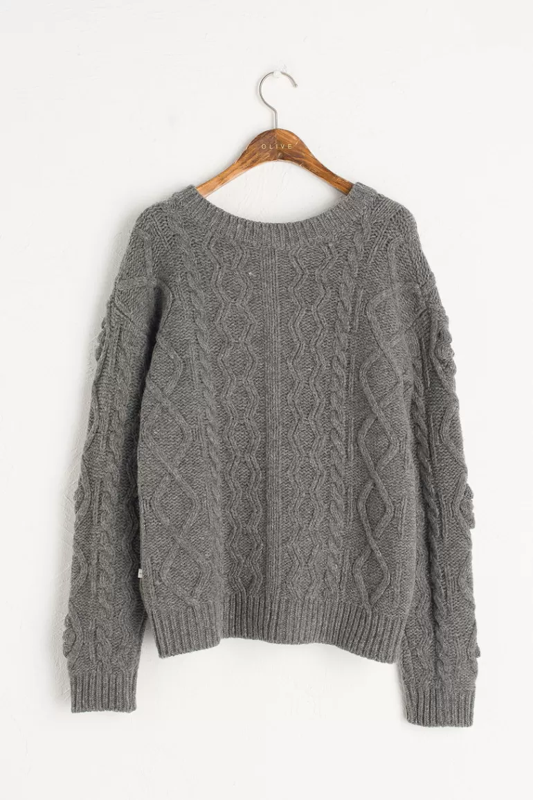 Women Olive Clothing Two-Way Pompom Aran Cardigan, Grey Melange