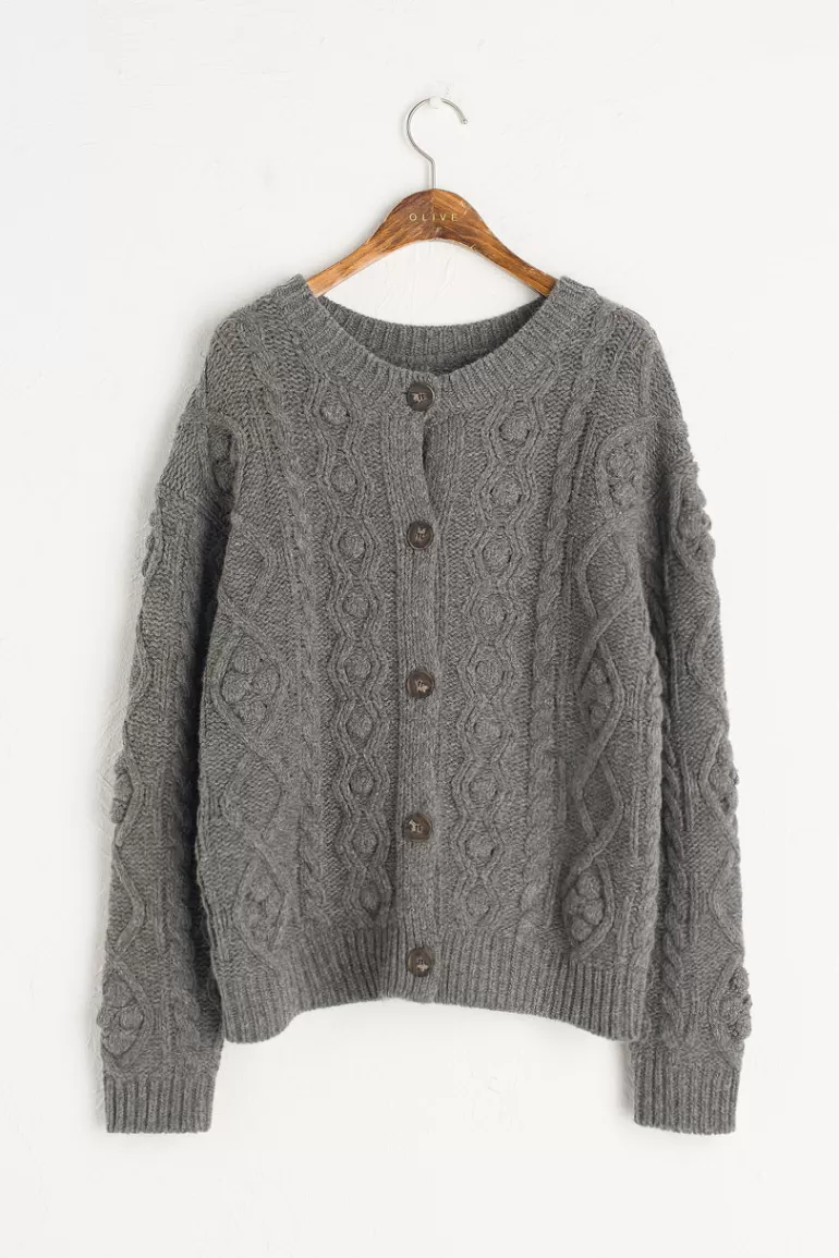 Women Olive Clothing Two-Way Pompom Aran Cardigan, Grey Melange