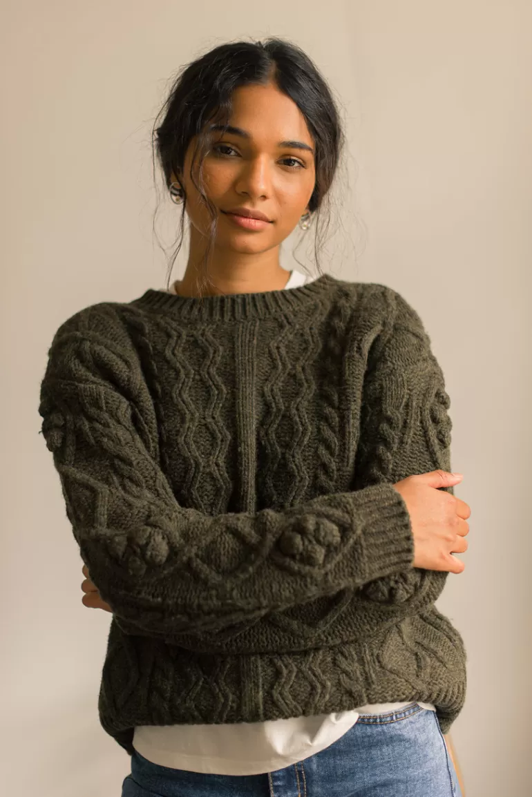 Women Olive Clothing Two-Way Pompom Aran Cardigan, Moss