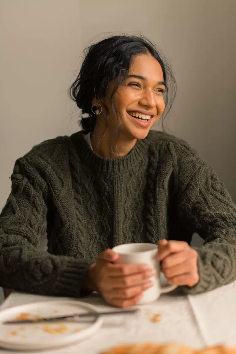 Women Olive Clothing Two-Way Pompom Aran Cardigan, Moss