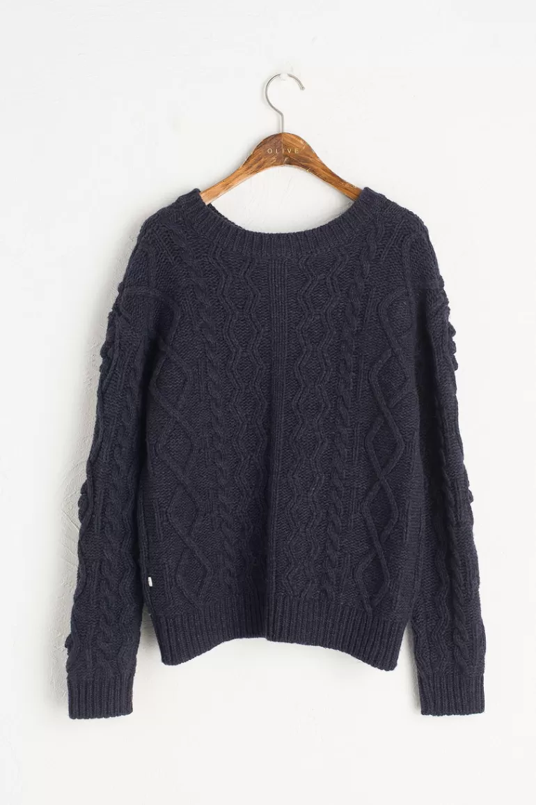 Women Olive Clothing Two-Way Pompom Aran Cardigan, Navy