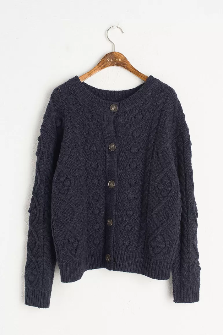 Women Olive Clothing Two-Way Pompom Aran Cardigan, Navy