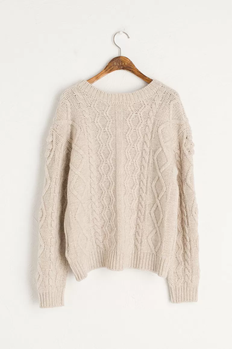Women Olive Clothing Two-Way Pompom Aran Cardigan, Oatmeal
