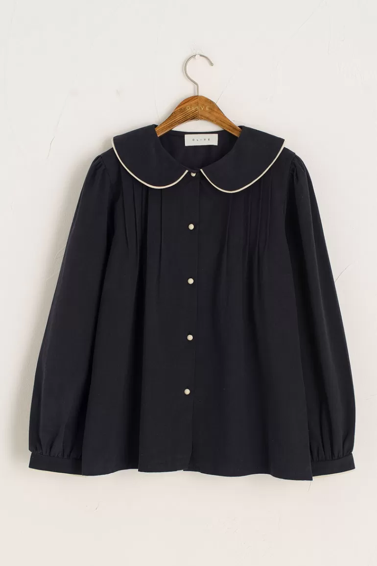 Women Olive Clothing Una Round Collar Blouse, Navy