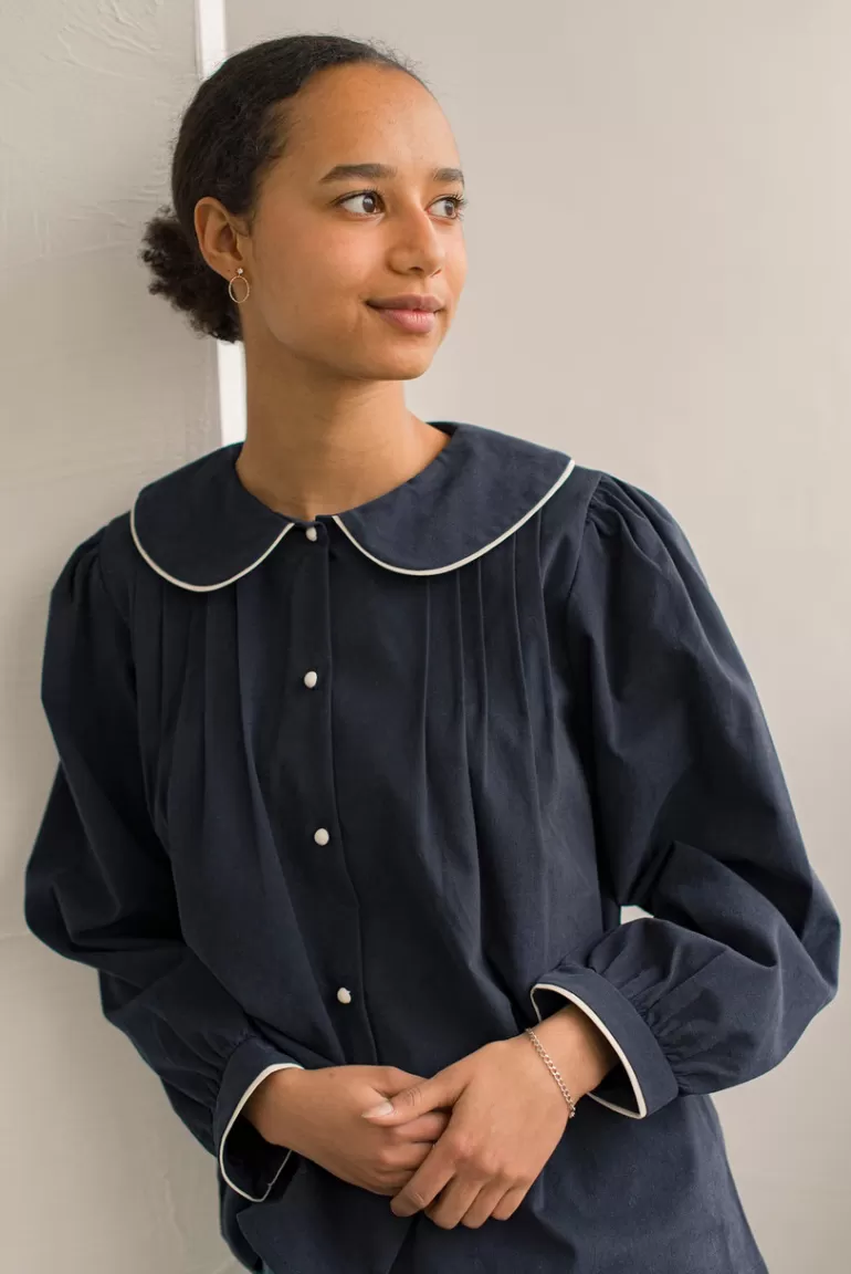 Women Olive Clothing Una Round Collar Blouse, Navy