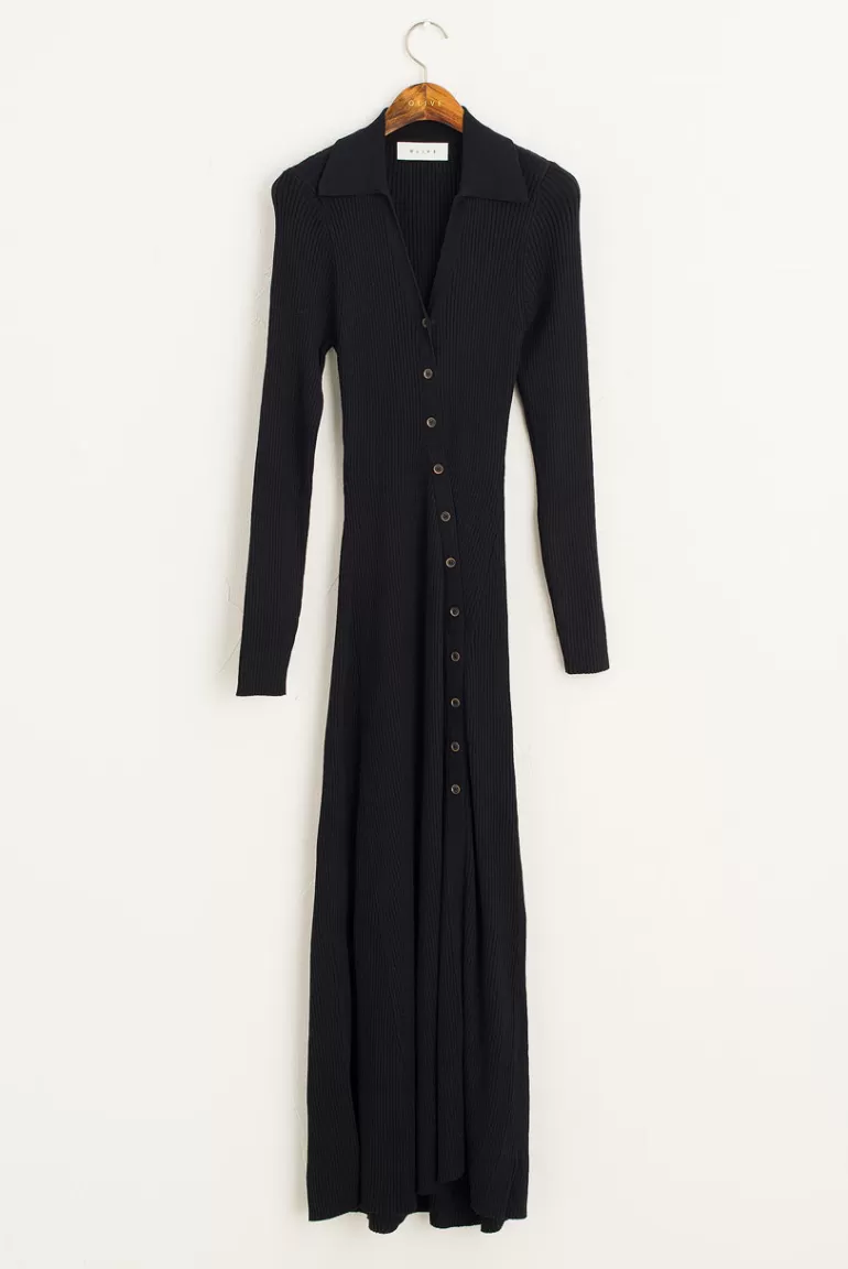 Women Olive Clothing Unbalanced Button Ribbed Knit Dress, Black