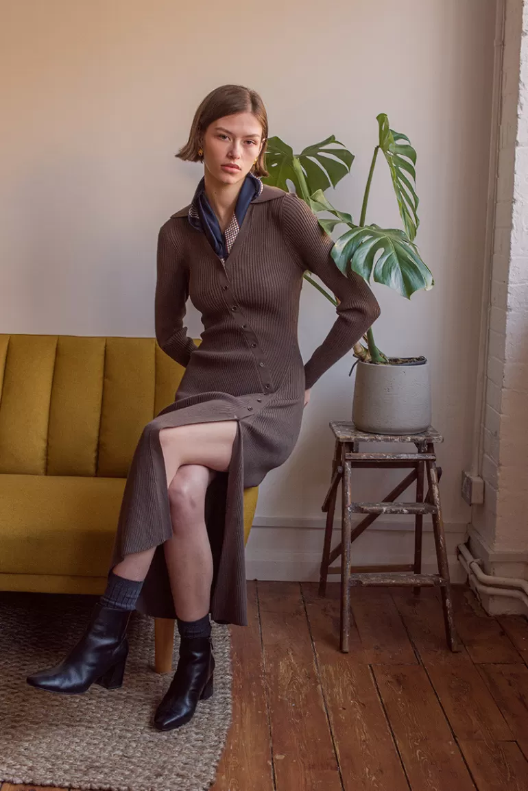 Women Olive Clothing Unbalanced Button Ribbed Knit Dress, Brown