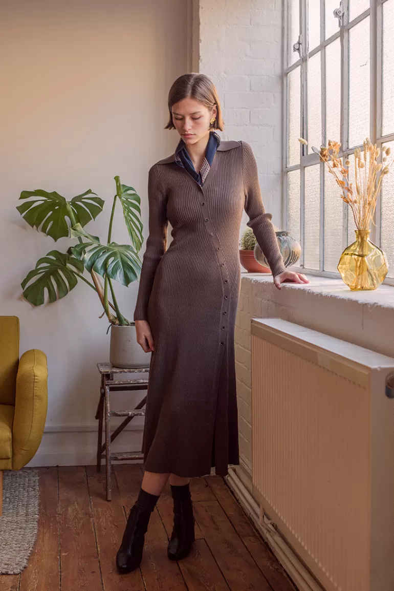 Women Olive Clothing Unbalanced Button Ribbed Knit Dress, Brown