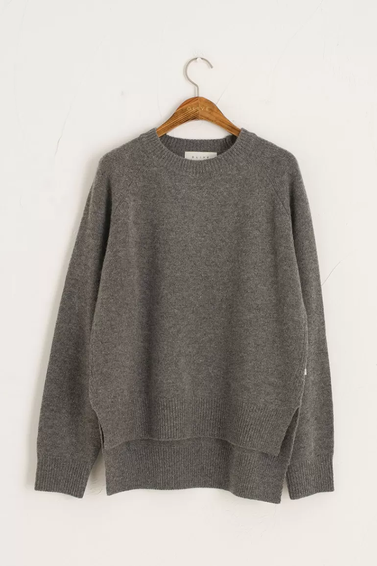 Women Olive Clothing Unbalanced Crew Neck Knit, Charcoal