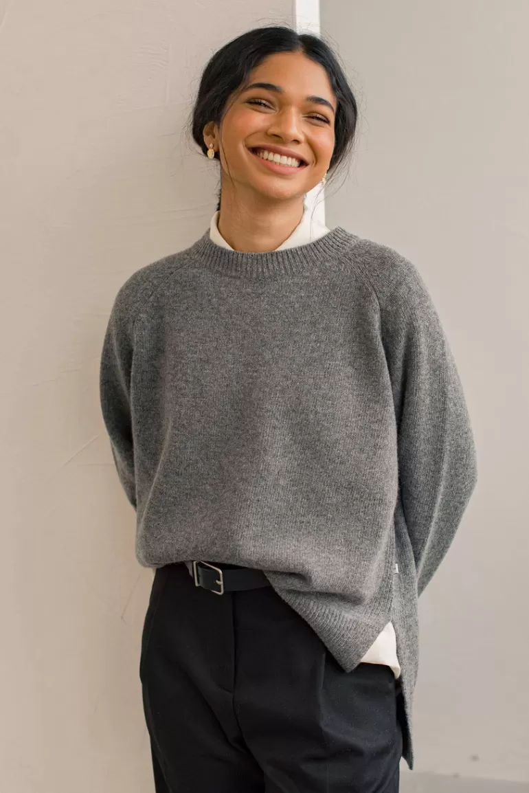 Women Olive Clothing Unbalanced Crew Neck Knit, Charcoal