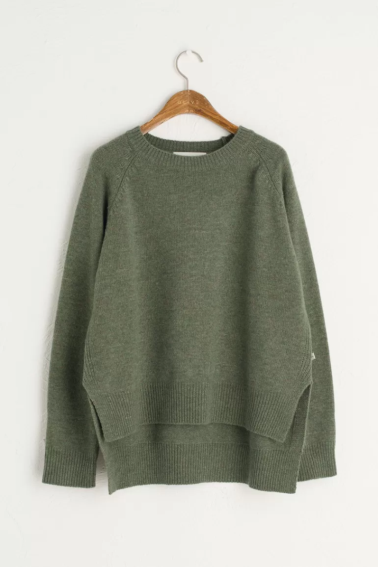 Women Olive Clothing Unbalanced Crew Neck Knit, Khaki Melange