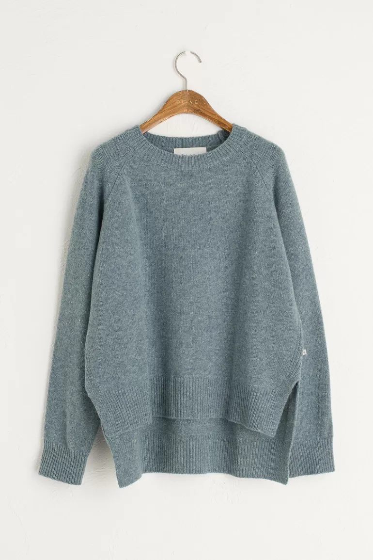 Women Olive Clothing Unbalanced Crew Neck Knit, Topaz