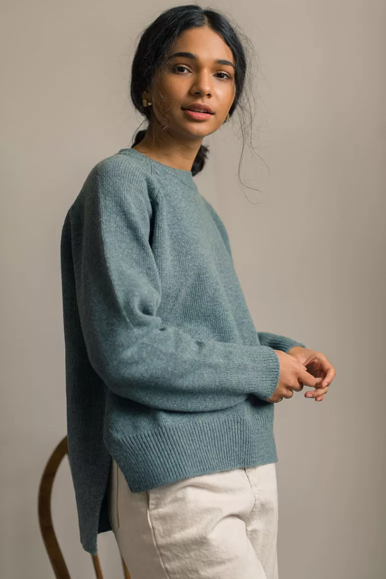 Women Olive Clothing Unbalanced Crew Neck Knit, Topaz