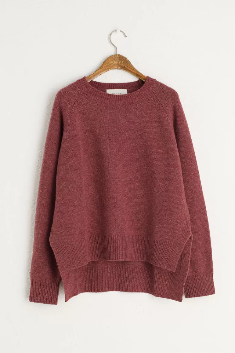Women Olive Clothing Unbalanced Crew Neck Knit, Wine Melange