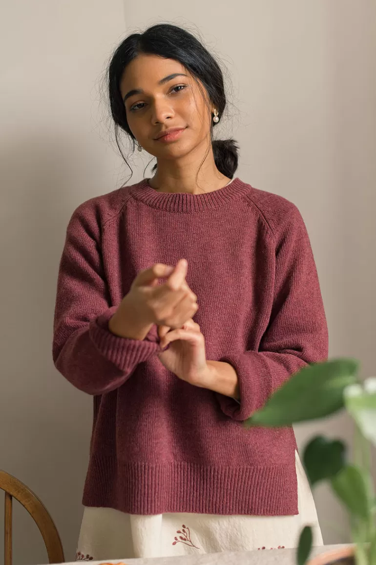 Women Olive Clothing Unbalanced Crew Neck Knit, Wine Melange
