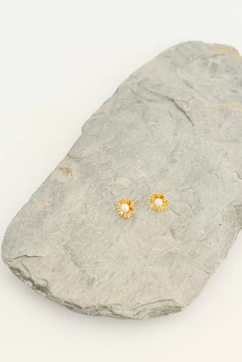 Women Olive Clothing Venus Pearl Point Flower Studs, 14K Gold Plated