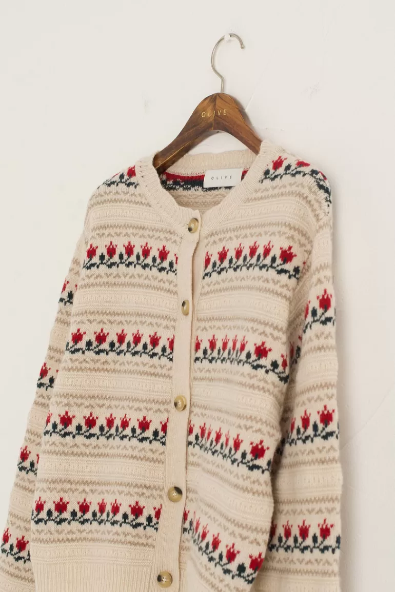 Women Olive Clothing Vintage Style Tulip Cardigan, Beige