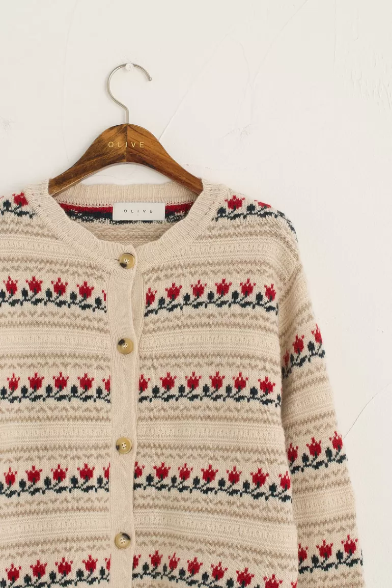 Women Olive Clothing Vintage Style Tulip Cardigan, Beige