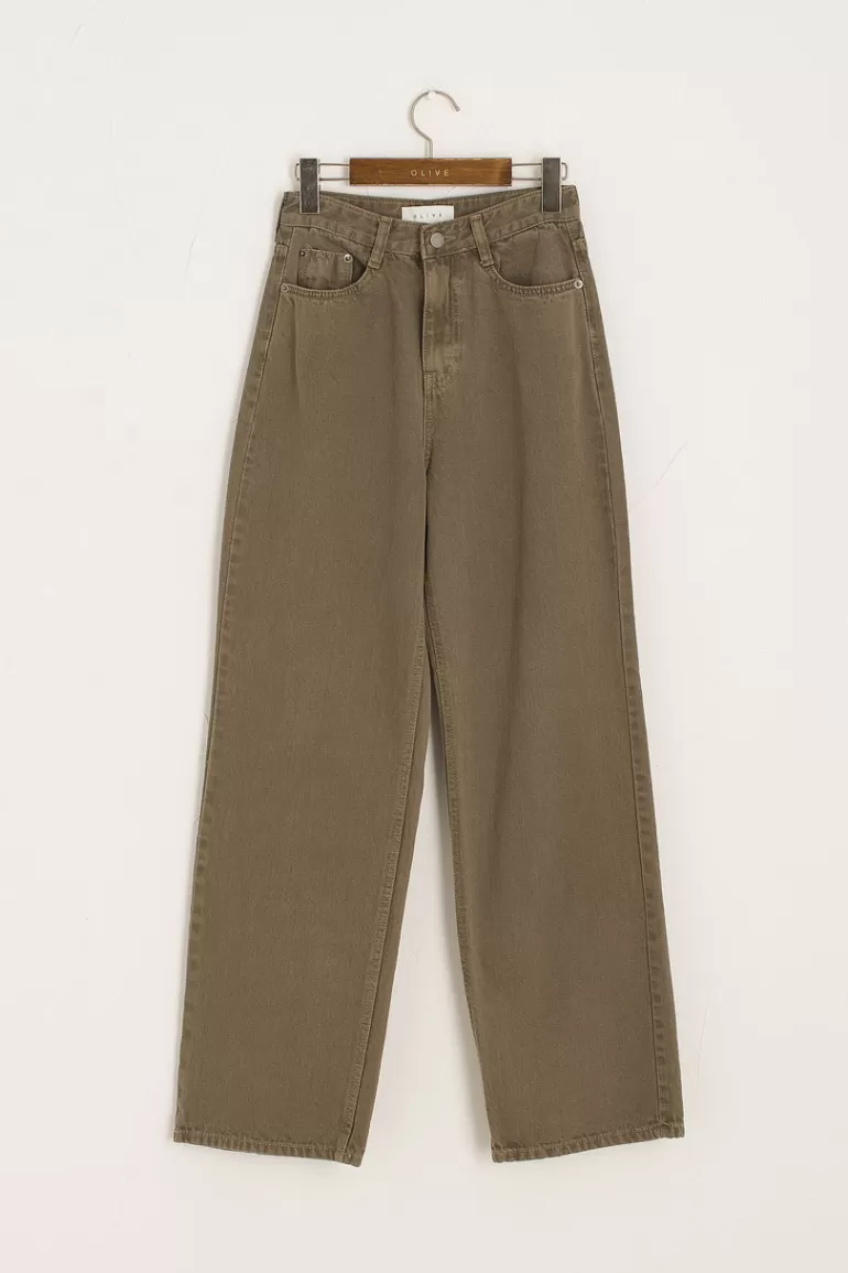 Women Olive Clothing Washed Colour Wide Jean, Khaki