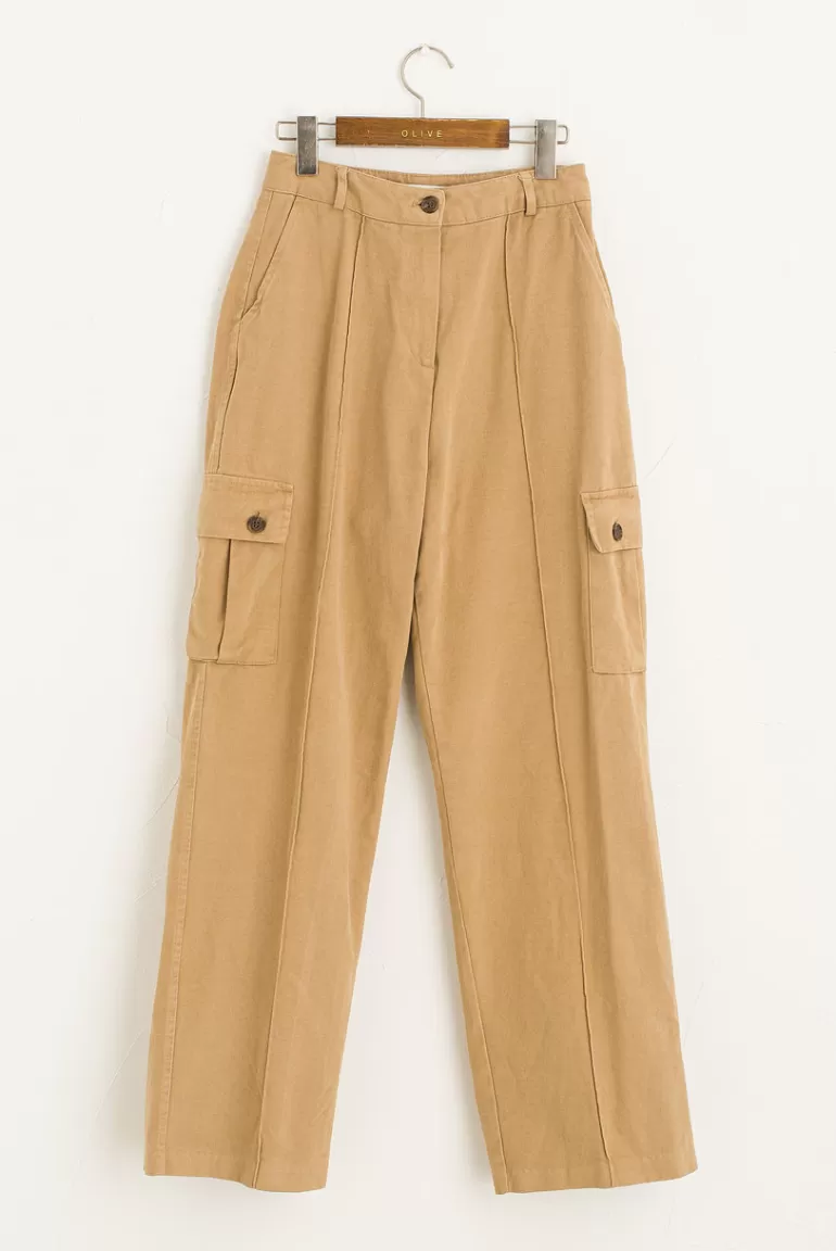 Women Olive Clothing Washed Cotton Cargo Pants, Beige