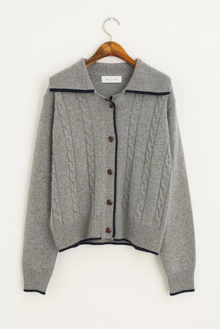 Women Olive Clothing Wide Collar Cable Cardigan, Grey