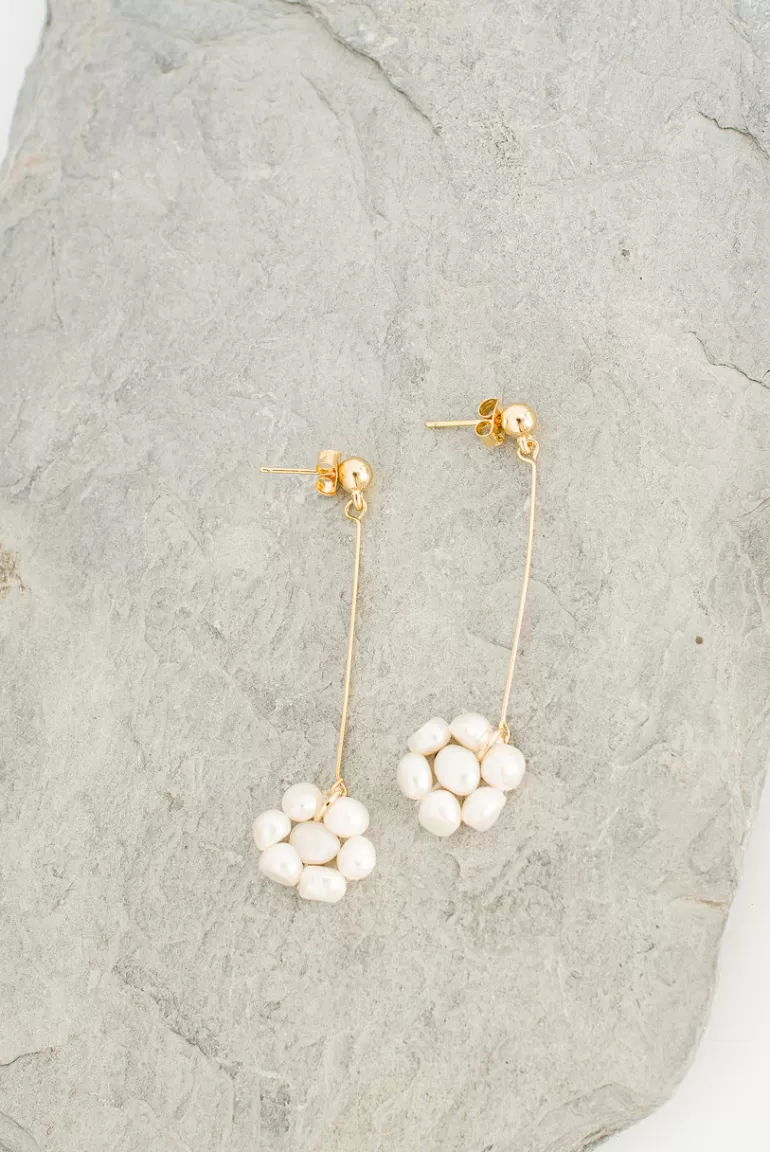 Women Olive Clothing Willow Pearl Flower Earrings, Gold Plated